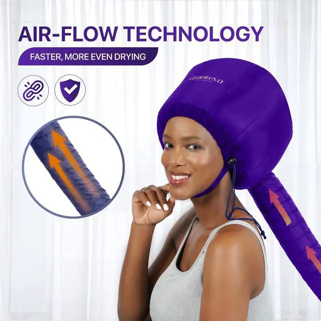 Alt view image 3 of 7 - Bonnet Hair Dryer Attachment w/A Headband Integrated that Reduces Heat Around Ears & Neck - Diffuser Cap for Hair Dryer Curly Hair, Speeds Up Drying Time, Deep Conditioning at Home - Large (Purple)