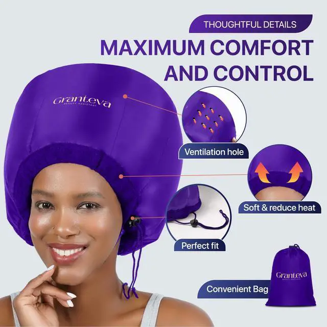 Alt view image 2 of 7 - Bonnet Hair Dryer Attachment w/A Headband Integrated that Reduces Heat Around Ears & Neck - Diffuser Cap for Hair Dryer Curly Hair, Speeds Up Drying Time, Deep Conditioning at Home - Large (Purple)