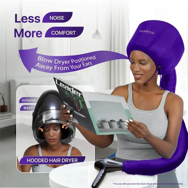 Alt view image 6 of 7 - Bonnet Hair Dryer Attachment w/A Headband Integrated that Reduces Heat Around Ears & Neck - Diffuser Cap for Hair Dryer Curly Hair, Speeds Up Drying Time, Deep Conditioning at Home - Large (Purple)