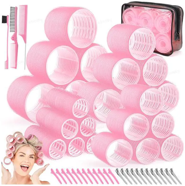 Main image of 4 Sizes Hair Rollers for Women, Hair Curlers with Clips Comb Curlers for Long Short Curly Hair and Bangs (25, 36, 48, 60mm), Pink Mothers Day Birthday Gifts