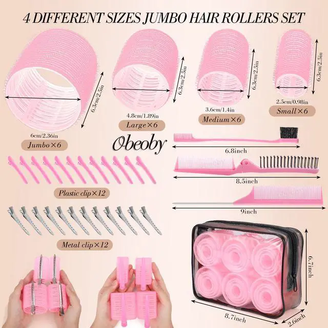 Alt view image 2 of 7 - 4 Sizes Hair Rollers for Women, Hair Curlers with Clips Comb Curlers for Long Short Curly Hair and Bangs (25, 36, 48, 60mm), Pink Mothers Day Birthday Gifts