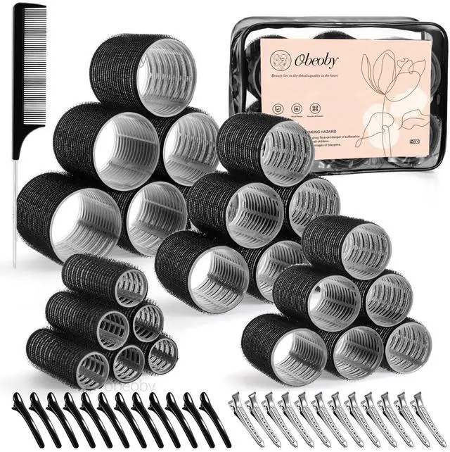Main image of 4 Sizes Self-Grip Hair Rollers Set - 50 Pcs Jumbo Curlers for Long, Short Hair and Bangs (25mm, 36mm, 48mm, 60mm) With Clips, Black