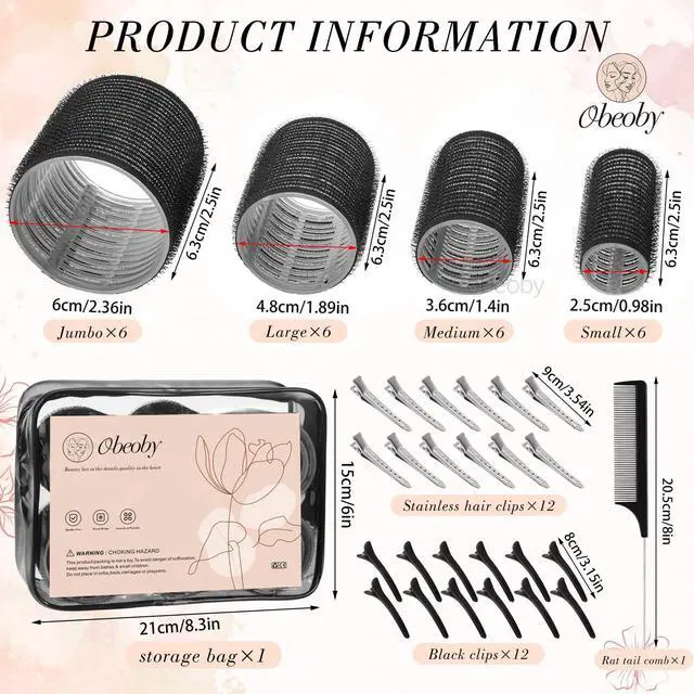 Alt view image 2 of 7 - 4 Sizes Self-Grip Hair Rollers Set - 50 Pcs Jumbo Curlers for Long, Short Hair and Bangs (25mm, 36mm, 48mm, 60mm) With Clips, Black