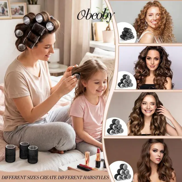 Alt view image 3 of 7 - 4 Sizes Self-Grip Hair Rollers Set - 50 Pcs Jumbo Curlers for Long, Short Hair and Bangs (25mm, 36mm, 48mm, 60mm) With Clips, Black