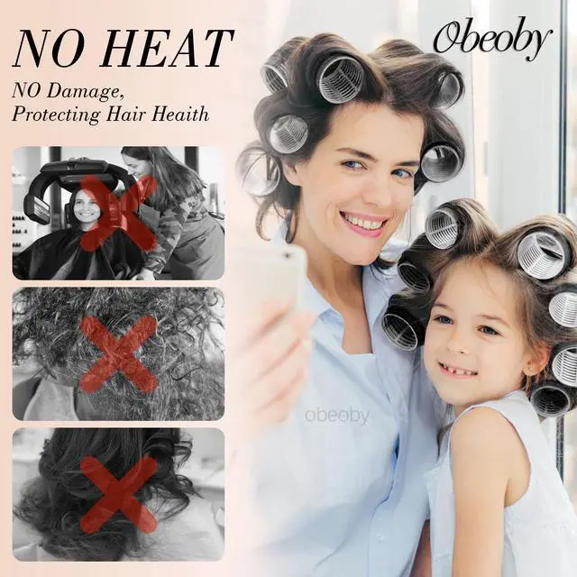Alt view image 5 of 7 - 4 Sizes Self-Grip Hair Rollers Set - 50 Pcs Jumbo Curlers for Long, Short Hair and Bangs (25mm, 36mm, 48mm, 60mm) With Clips, Black