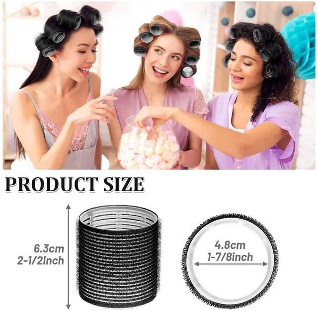 Alt view image 2 of 7 - Big Self-Grip Hair Curlers Rollers with Stainless Steel Duckbill Clips for Long, Medium, Thick Hair and Bangs Volume (Black)