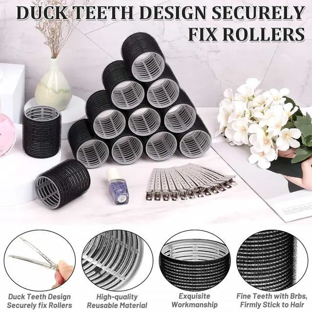 Alt view image 3 of 7 - Big Self-Grip Hair Curlers Rollers with Stainless Steel Duckbill Clips for Long, Medium, Thick Hair and Bangs Volume (Black)