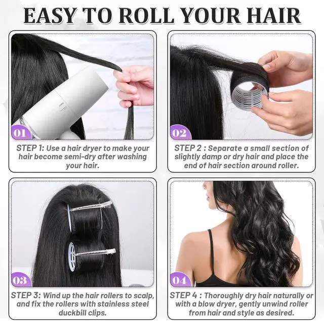 Alt view image 5 of 7 - Big Self-Grip Hair Curlers Rollers with Stainless Steel Duckbill Clips for Long, Medium, Thick Hair and Bangs Volume (Black)