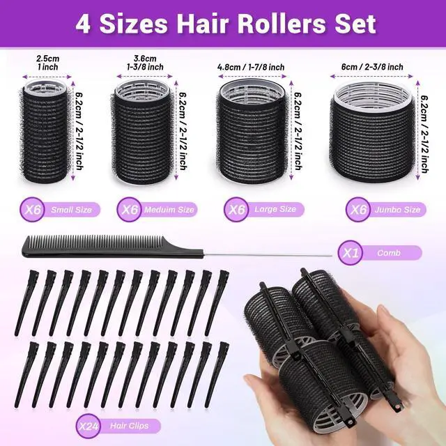 Alt view image 3 of 7 - 50 Pcs Rollers Hair Curlers Set with 24Pcs Self Grip Hair Rollers 4 Sizes and 24 Pcs Clips for Blowout Look Long Medium Short Thick Hair Volume