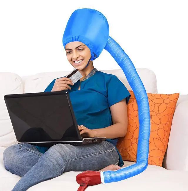 Alt view image 7 of 7 - Safety Portable Hair Dryer Bonnet Attachment for Hair Styling, Adjustable Chin Strap and Side Fitting Drawstring Hood Dryers for Hair Home