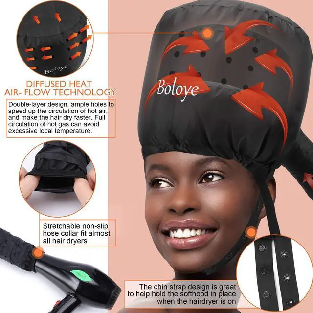 Alt view image 3 of 6 - Hair Dryer Bonnet Attachment 28.5" XL Hooded Dryer Cap for Faster Drying & Deep Conditioning, Extra-Large Space Fits Thick, Curly Hair & Styling Tools (Black, Universal)