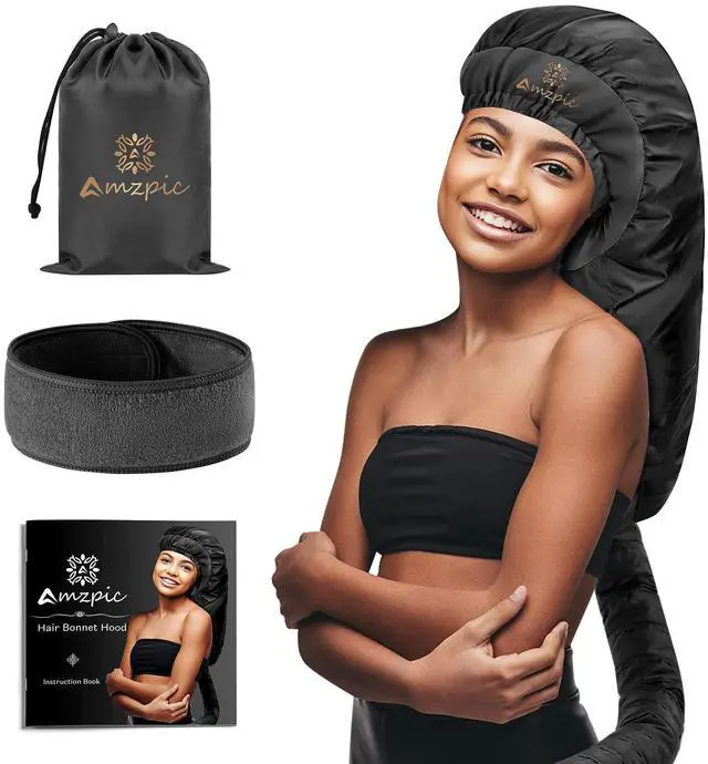 Main image of Bonnet Hair Dryer Attachment - Bonnet Hood Dryer with Headband that Reduces Heat Around Ears and Neck, Use for Hair Styling, Hair Drying, Curling and Deep Conditioning (Extended Version, Black)