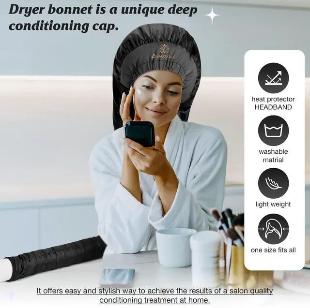 Alt view image 7 of 7 - Bonnet Hair Dryer Attachment - Bonnet Hood Dryer with Headband that Reduces Heat Around Ears and Neck, Use for Hair Styling, Hair Drying, Curling and Deep Conditioning (Extended Version, Black)