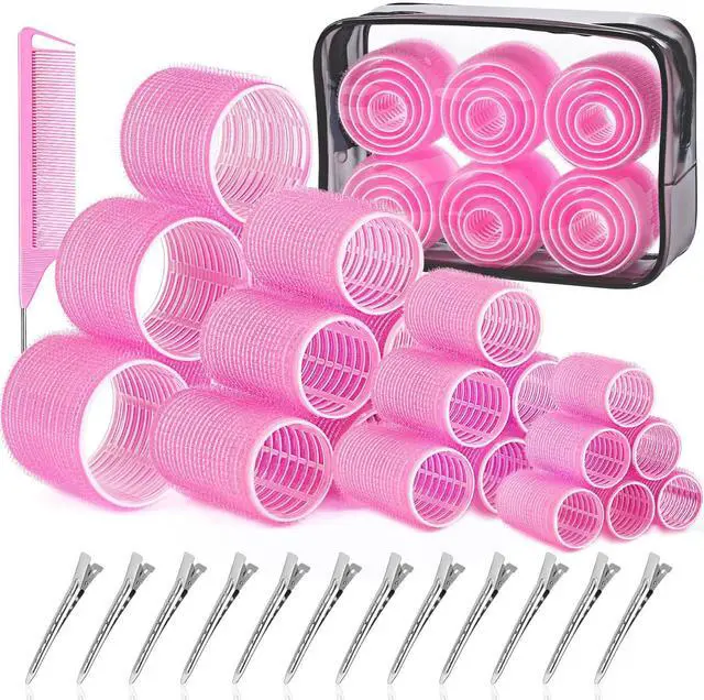 Main image of Hair Rollers for Women, 4 Sizes with Clips, Comb & Travel Bag, Pink
