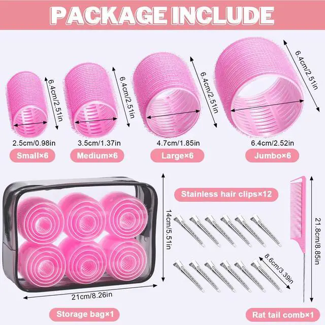 Alt view image 2 of 6 - Hair Rollers for Women, 4 Sizes with Clips, Comb & Travel Bag, Pink