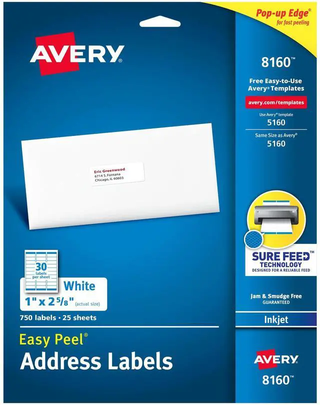 Main image of Easy Peel Printable Address Labels with Sure Feed, 1" x 2-5/8" Customizable Stickers, White, 750 Blank Mailing Labels, Great for Mailing, Shipping, and More (8160)