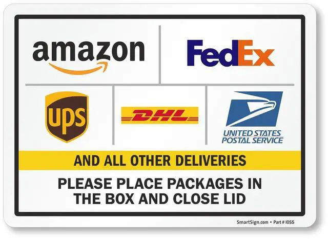 Main image of 4-Pack 'Please Place Packages in The Box and Close Lid' Sticker Labels with Delivery Partner Logos, 5" x 7", 5 mil Laminated Polyester with SuperStick Adhesive, Multicolor, Made in USA