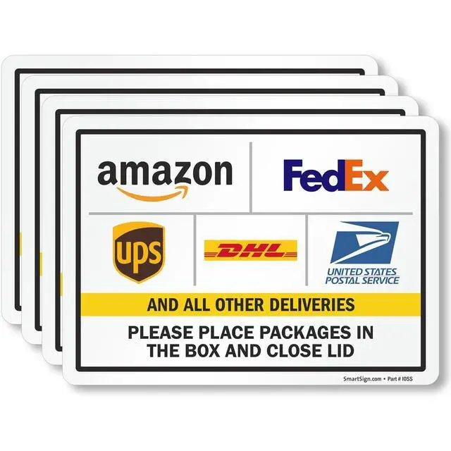 Alt view image 2 of 7 - 4-Pack 'Please Place Packages in The Box and Close Lid' Sticker Labels with Delivery Partner Logos, 5" x 7", 5 mil Laminated Polyester with SuperStick Adhesive, Multicolor, Made in USA