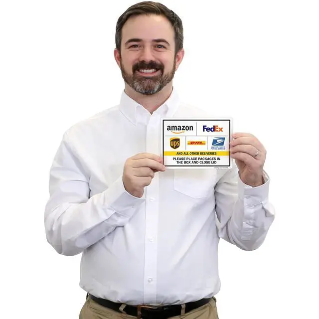 Alt view image 3 of 7 - 4-Pack 'Please Place Packages in The Box and Close Lid' Sticker Labels with Delivery Partner Logos, 5" x 7", 5 mil Laminated Polyester with SuperStick Adhesive, Multicolor, Made in USA