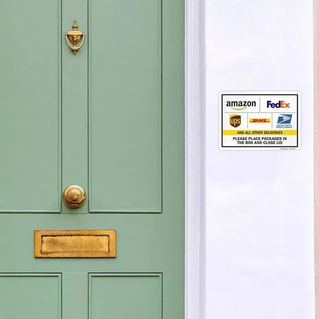 Alt view image 4 of 7 - 4-Pack 'Please Place Packages in The Box and Close Lid' Sticker Labels with Delivery Partner Logos, 5" x 7", 5 mil Laminated Polyester with SuperStick Adhesive, Multicolor, Made in USA