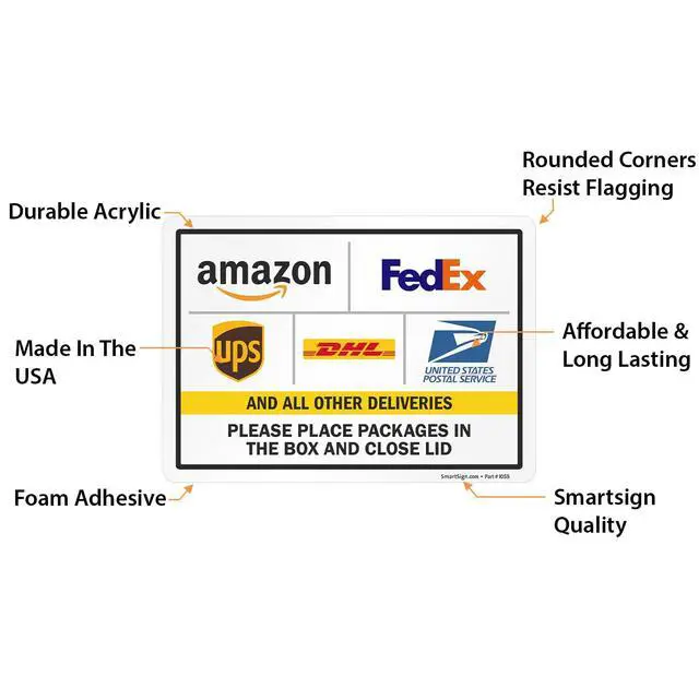 Alt view image 5 of 7 - 4-Pack 'Please Place Packages in The Box and Close Lid' Sticker Labels with Delivery Partner Logos, 5" x 7", 5 mil Laminated Polyester with SuperStick Adhesive, Multicolor, Made in USA