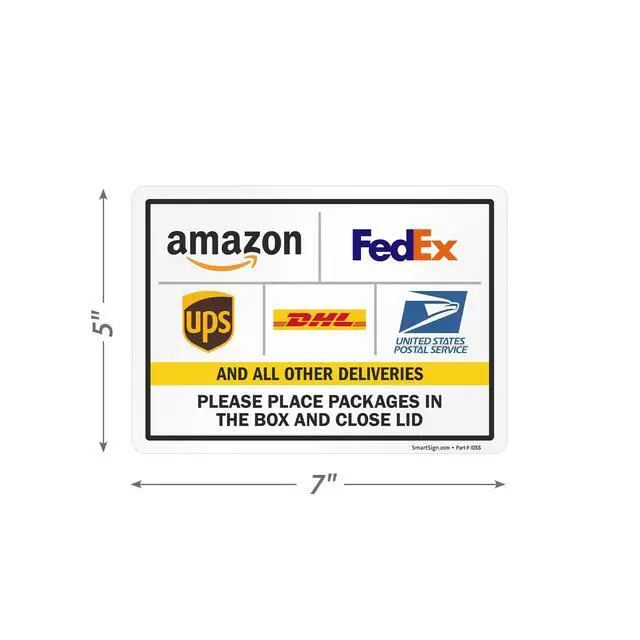 Alt view image 6 of 7 - 4-Pack 'Please Place Packages in The Box and Close Lid' Sticker Labels with Delivery Partner Logos, 5" x 7", 5 mil Laminated Polyester with SuperStick Adhesive, Multicolor, Made in USA