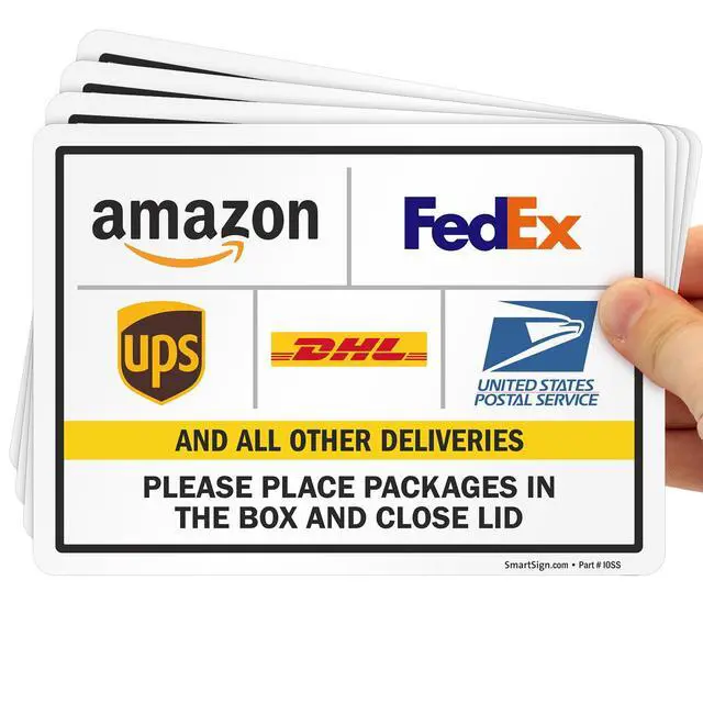Alt view image 7 of 7 - 4-Pack 'Please Place Packages in The Box and Close Lid' Sticker Labels with Delivery Partner Logos, 5" x 7", 5 mil Laminated Polyester with SuperStick Adhesive, Multicolor, Made in USA