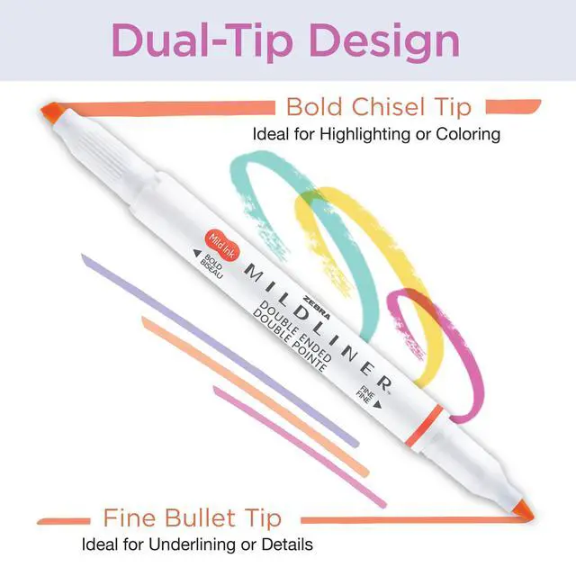 Alt view image 2 of 7 - Mildliner Dual-Tip Highlighter Set, Broad and Fine Point Tips, No Bleed, Ideal for Bible Highlighting, Journaling, School and Office Supplies, Assorted Gentle Ink Colors, 5-Pack (78705)