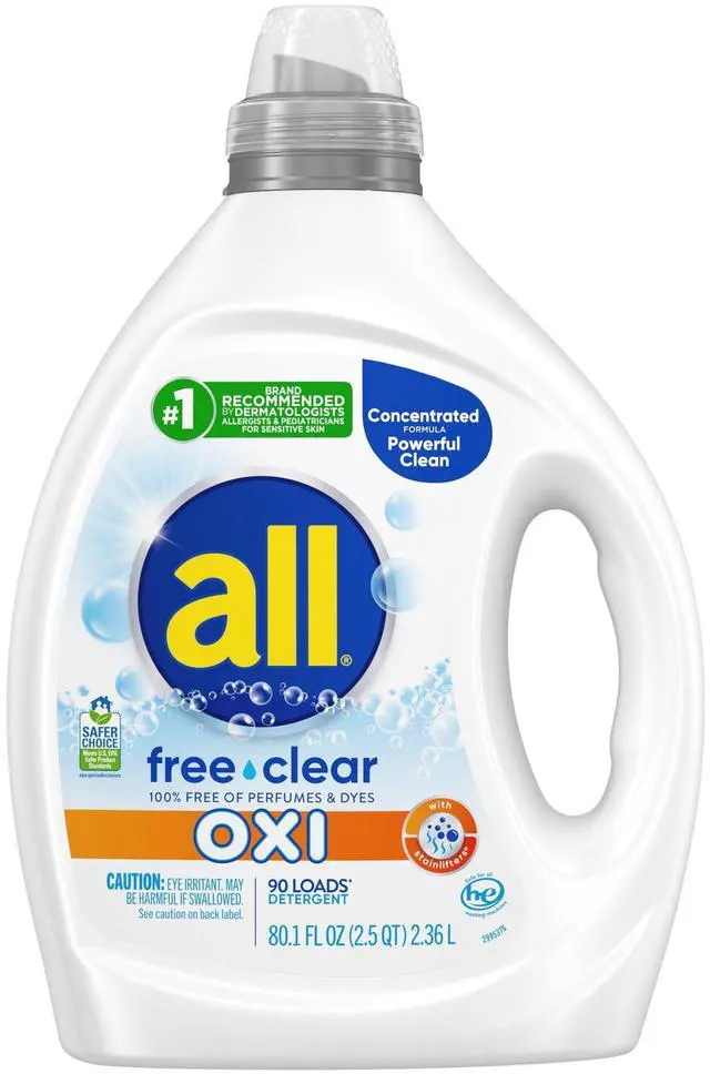 Main image of free clear Advanced OXI Laundry Detergent, 80.1oz, 90 Loads, Stainfighting, Unscented and Hypoallergenic for Sensitive Skin, Concentrated, Dermatologist Tested, HE Safe