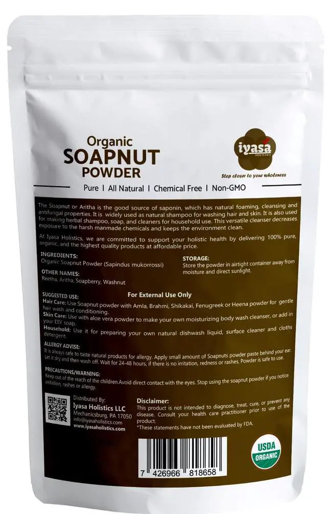 Alt view image 2 of 6 - Organic Soapnut Powder (Reetha Powder) 8oz - Natural Organic Laundry Detergent - Multi-Use Hair, Skin & Household Cleanser - Plant-Based Cleanser, Shampoo & Conditioner