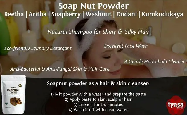 Alt view image 5 of 6 - Organic Soapnut Powder (Reetha Powder) 8oz - Natural Organic Laundry Detergent - Multi-Use Hair, Skin & Household Cleanser - Plant-Based Cleanser, Shampoo & Conditioner