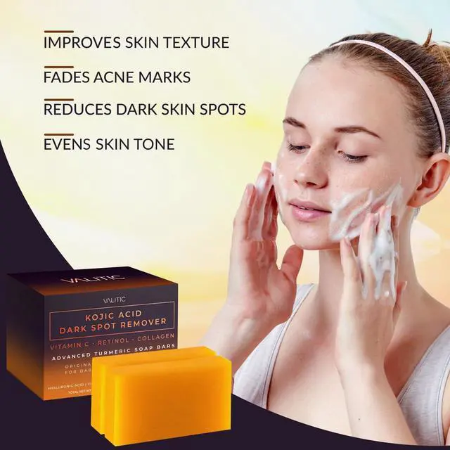 Alt view image 5 of 7 - Kojic Acid Dark Spot Remover Soap Bars with Vitamin C, Retinol, Collagen, Turmeric - Original Japanese Complex Infused with Hyaluronic Acid, Vitamin E, Shea Butter, Castile Olive Oil (2 Pack)