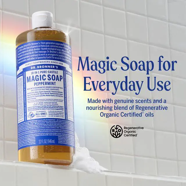 Alt view image 2 of 7 - Pure-Castile Magic Liquid Soap - Made with Regenerative Organic Certified Oils- 18-in-1 Uses for Face, Body, Hand, Hair, Laundry & More- Vegan, Non-GMO- Body Wash- Peppermint,32oz