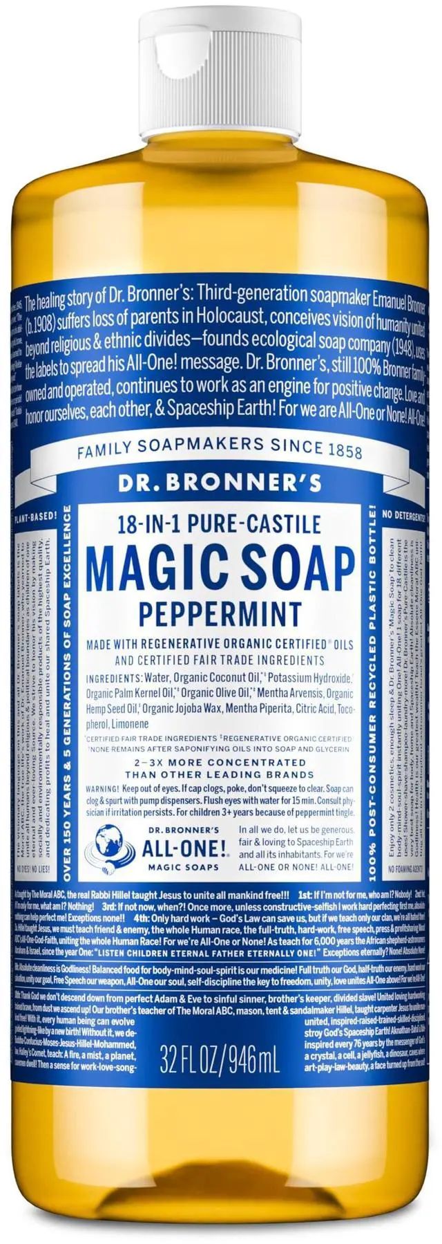 Main image of Pure-Castile Magic Liquid Soap - Made with Regenerative Organic Certified Oils- 18-in-1 Uses for Face, Body, Hand, Hair, Laundry & More- Vegan, Non-GMO- Body Wash- Peppermint,32oz