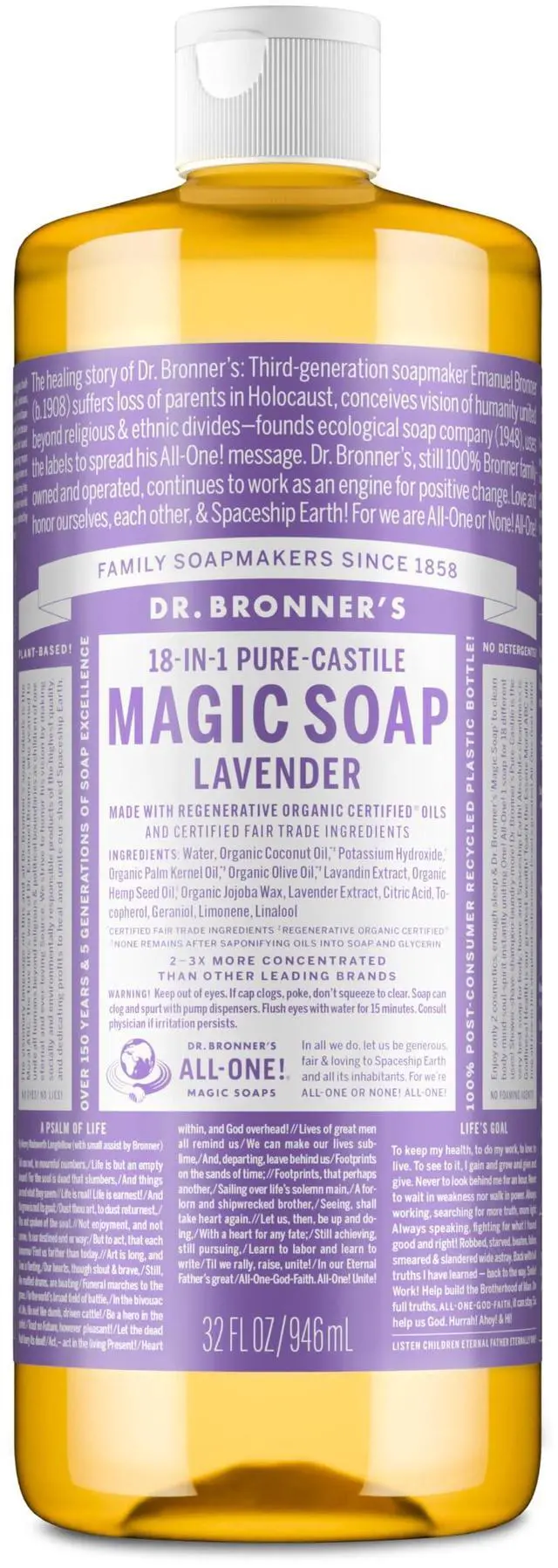 Main image of Pure-Castile Liquid Soap, Made with Organic Oils, 18-in-1 Uses: Face, Body, Hair, Laundry, Pets and Dishes, Concentrated, Vegan, Non-GMO, Lavender, 32 Oz