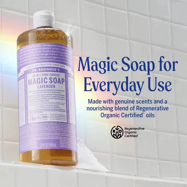 Alt view image 2 of 7 - Pure-Castile Liquid Soap, Made with Organic Oils, 18-in-1 Uses: Face, Body, Hair, Laundry, Pets and Dishes, Concentrated, Vegan, Non-GMO, Lavender, 32 Oz