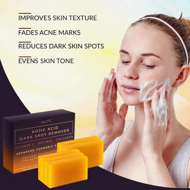 Alt view image 4 of 6 - Kojic Acid Dark Spot Remover Soap Bars with Vitamin C, Retinol, Collagen, Turmeric - Original Japanese Complex Infused with Hyaluronic Acid, Vitamin E, Shea Butter, Castile Olive Oil - 5 Pack
