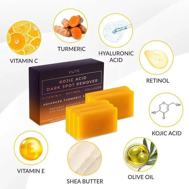 Alt view image 5 of 6 - Kojic Acid Dark Spot Remover Soap Bars with Vitamin C, Retinol, Collagen, Turmeric - Original Japanese Complex Infused with Hyaluronic Acid, Vitamin E, Shea Butter, Castile Olive Oil - 5 Pack