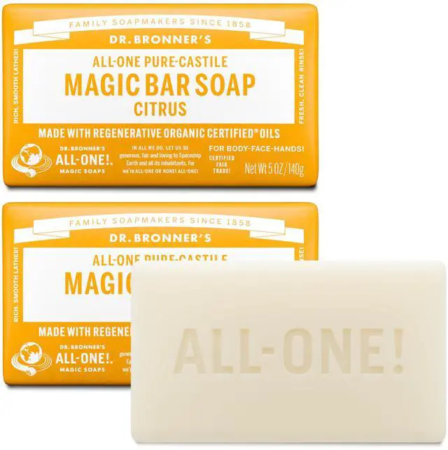 Main image of Pure-Castile Magic Bar Soaps - Made with Regenerative Organic Certified Oils - For Face, Body, Hair- Vegan Soap Bars for Men & Women - Citrus, 2 pack, 5 oz
