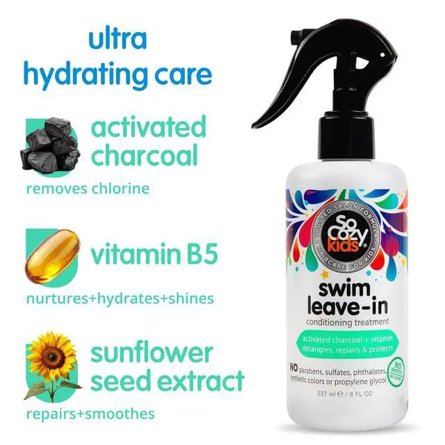 Alt view image 4 of 7 - Swim Leave In Conditioner Spray & Treatment for Kids Hair (8 Fl Oz) Protects & Repairs Pool, Sun & Salt Damaged Hair, Gentle Formula with Activated Charcoal, Vitamin B5 & Sunflower Seed Extract