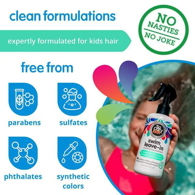 Alt view image 5 of 7 - Swim Leave In Conditioner Spray & Treatment for Kids Hair (8 Fl Oz) Protects & Repairs Pool, Sun & Salt Damaged Hair, Gentle Formula with Activated Charcoal, Vitamin B5 & Sunflower Seed Extract