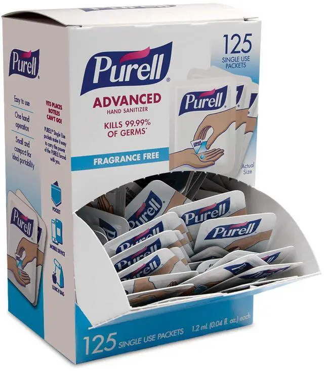 Main image of SINGLES Advanced Hand Sanitizer Gel, Fragrance Free, 125 Count Single-Use Travel-Size Packets - 9620-12-125EC (Pack of 1)