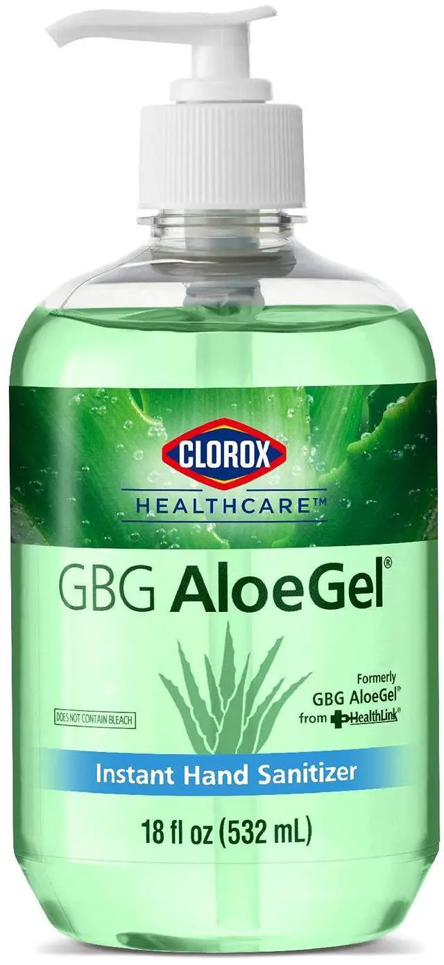 Main image of Healthcare GBG AloeGel Hand Sanitizer Gel with Pump, Bleach-Free Moisturizing Sanitizer with 64% Ethyl Alcohol, Aloe Vera and Vitamin E - FDA Registered, 18 Fl Oz