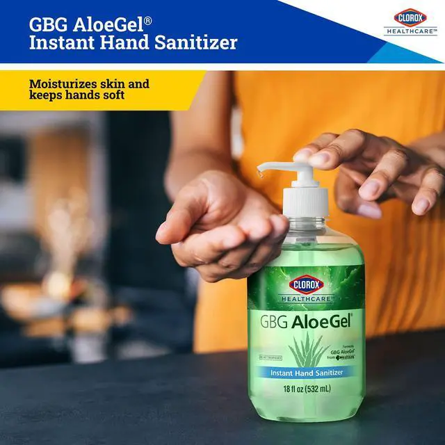 Alt view image 4 of 7 - Healthcare GBG AloeGel Hand Sanitizer Gel with Pump, Bleach-Free Moisturizing Sanitizer with 64% Ethyl Alcohol, Aloe Vera and Vitamin E - FDA Registered, 18 Fl Oz