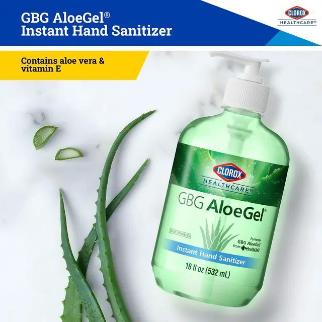 Alt view image 3 of 7 - Healthcare GBG AloeGel Hand Sanitizer Gel with Pump, Bleach-Free Moisturizing Sanitizer with 64% Ethyl Alcohol, Aloe Vera and Vitamin E - FDA Registered, 18 Fl Oz