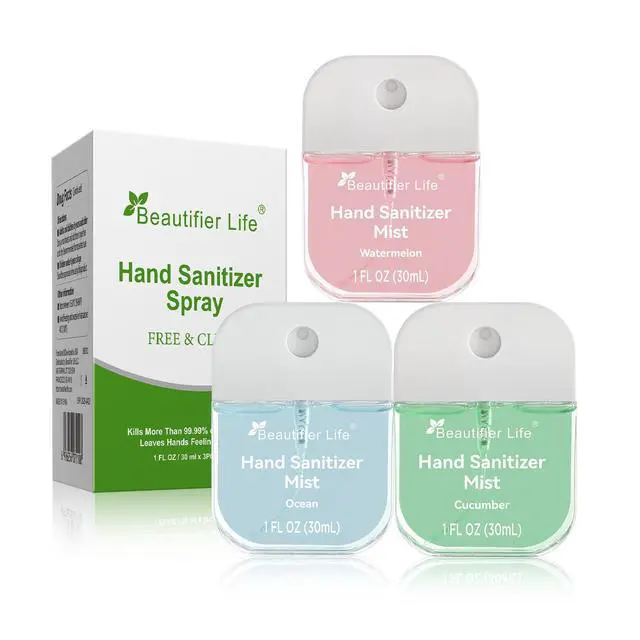 Alt view image 2 of 7 - Mini Portable Hand Sanitizer Spray (3-Pack) - Pocket-Sized 1 Fl Oz Travel, Ultra-Soothing 70% Alcohol Formula, Power Mist, No-Rinse Fast-Dry - Ocean Watermelon Cucumber