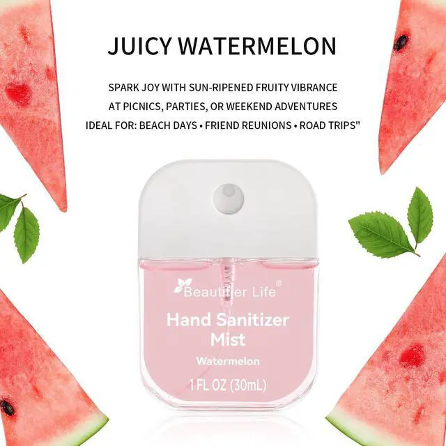 Alt view image 5 of 7 - Mini Portable Hand Sanitizer Spray (3-Pack) - Pocket-Sized 1 Fl Oz Travel, Ultra-Soothing 70% Alcohol Formula, Power Mist, No-Rinse Fast-Dry - Ocean Watermelon Cucumber