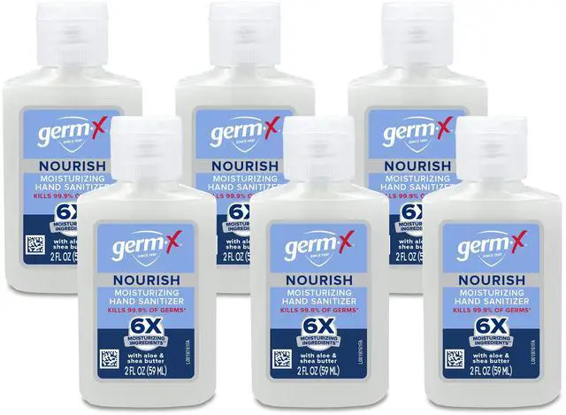 Main image of Nourish Hand Sanitizer, 2 Fl Oz (Pack of 6), 2-in-1 Moisturizing and Sanitizing Formula with Shea Butter, Vitamin E & Aloe, Non-Greasy, Mini Travel Size for On-The-Go, Fresh Scent