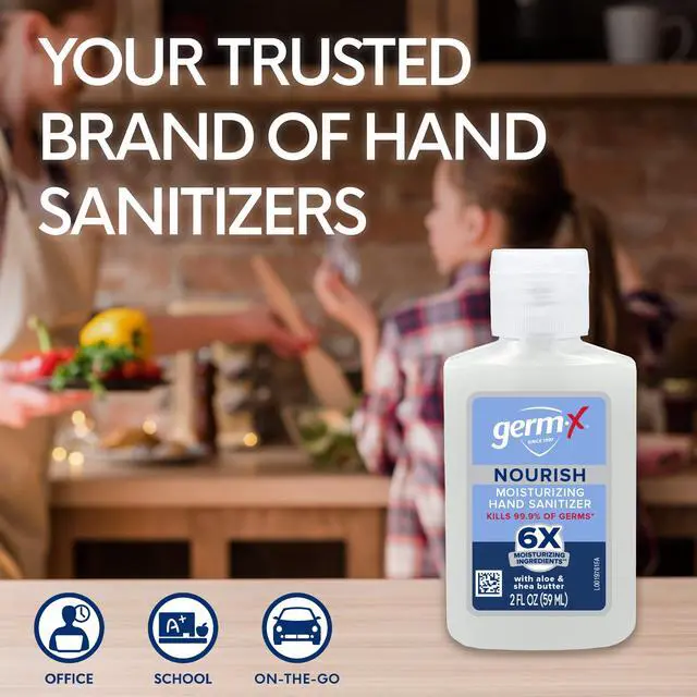 Alt view image 5 of 7 - Nourish Hand Sanitizer, 2 Fl Oz (Pack of 6), 2-in-1 Moisturizing and Sanitizing Formula with Shea Butter, Vitamin E & Aloe, Non-Greasy, Mini Travel Size for On-The-Go, Fresh Scent
