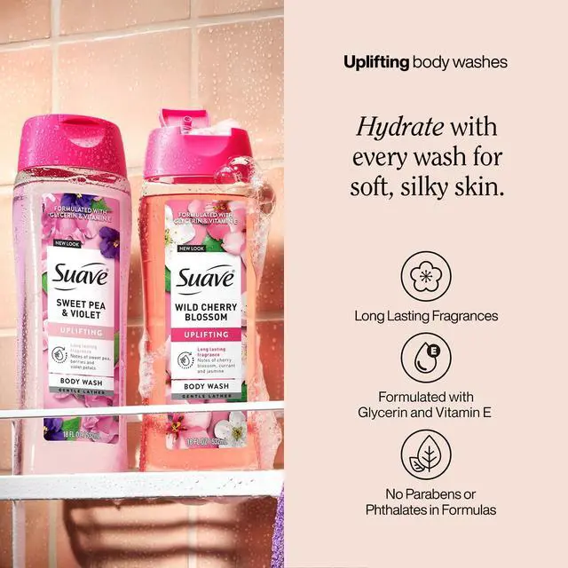 Alt view image 3 of 7 - Body Wash Variety 2-Pack, Sweet Pea & Violet + Wild Cherry Blossom Gentle Body Washes with Floral Blend Oil Essence, 18 Oz Ea